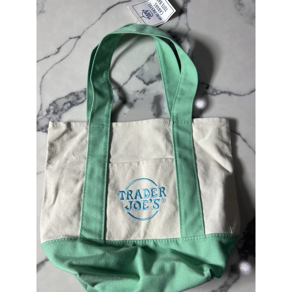 Trader Joe's Mini Tote Bag Pastel purple Canvas Light Green New Holiday Gift